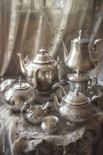A collection of antique silver teapots, cups, and sugar bowls displayed on a table. The shiny silverware reflects the light, showcasing intricate designs and patterns