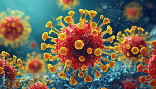 A close up of a virus of red and yellow things on a blue background