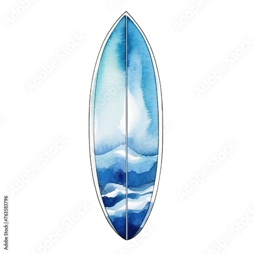 Artistic surfboard illustration, watercolor blue depths