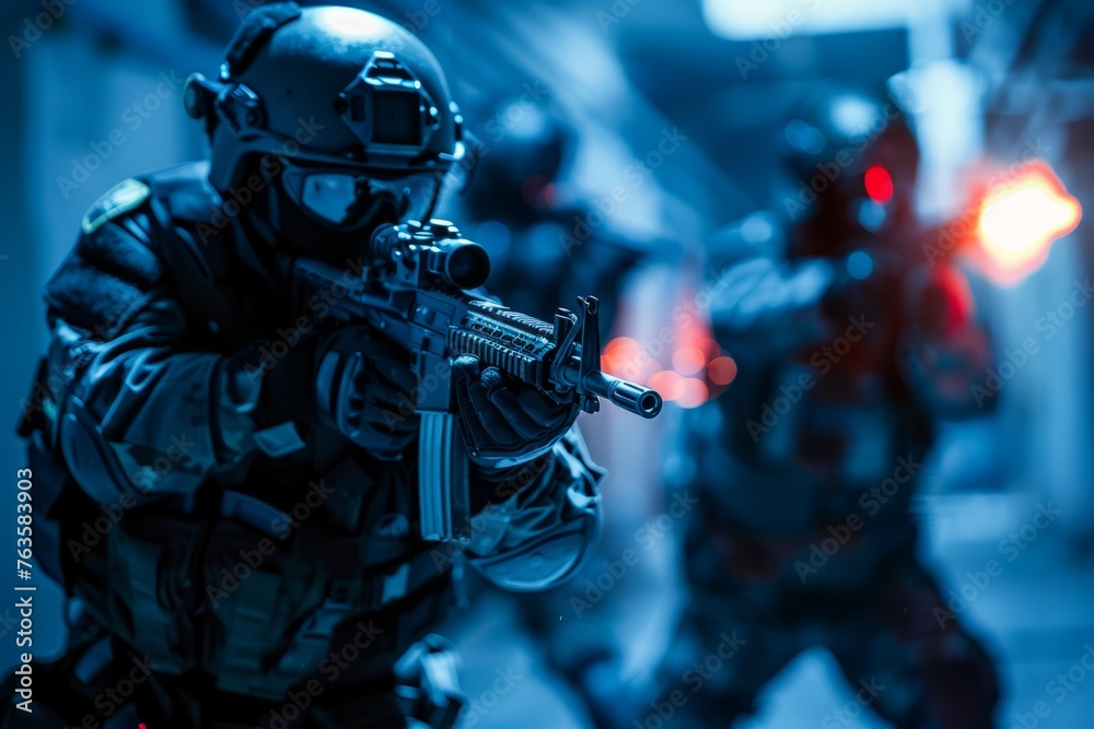 A group of soldiers from VetalVit A counter terrorism unit can be seen on a city street, armed with guns and conducting a coordinated operation A group of soldiers from VetalVit A counter terrorism unit can be seen on a city street, armed with guns and conducting a coordinated operation