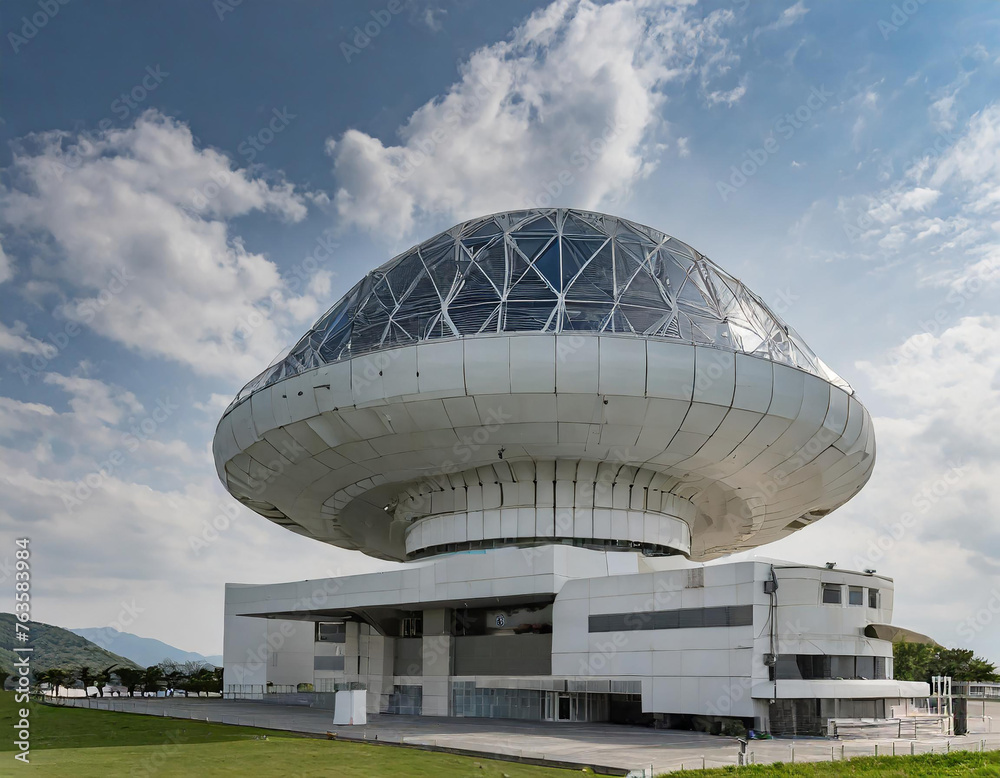 A corporate headquarters designed to look like a space station symbolizing innovation