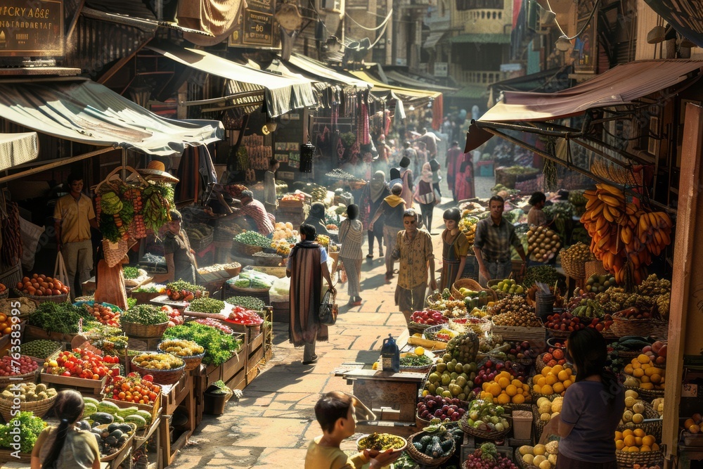 This photo captures a bustling outdoor market filled with vendors selling a variety of fresh fruits and vegetables. Customers can be seen browsing the colorful displays and making purchases