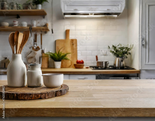 A copy space for display your product on a wooden kitchen tabletop in a cozy minimal kitchen.