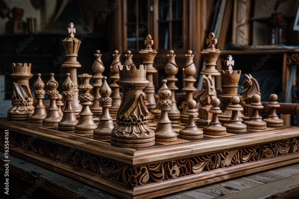 A wooden chess set intricately carved and displayed on a table in a room. The pieces are arranged for a game, waiting to be moved strategically by players