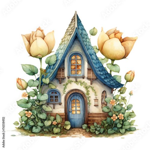Enchanting home illustration amidst vibrant flowers