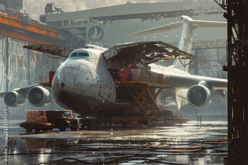 A massive cargo plane parked on top of the airport tarmac, possibly loading or unloading goods. The jetliner is surrounded by various airport vehicles and equipment