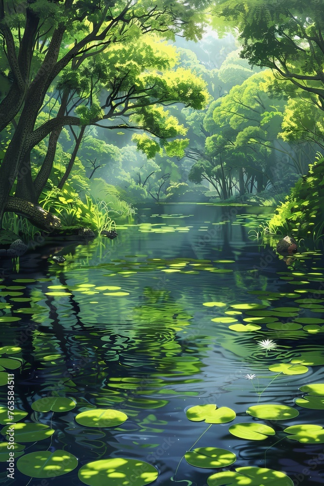 This painting depicts a river flowing through a forest, with tall trees lining the banks. The artist captures the serene beauty of nature with intricate details of the water and foliage This painting depicts a river flowing through a forest, with tall trees lining the banks. The artist captures the serene beauty of nature with intricate details of the water and foliage
