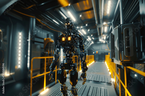 Black robotic figure striding confidently through a futuristic industrial facility