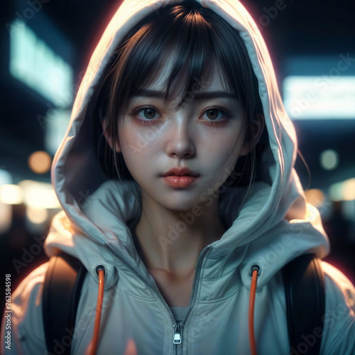 a digital illustration of a young woman with brown hair, wearing a white hoodie and a backpack