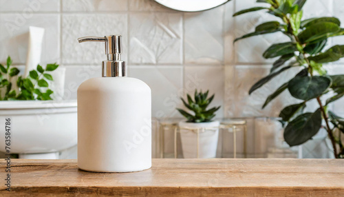 Empty mockup space for display product on a tabletop in a modern white bathroom.