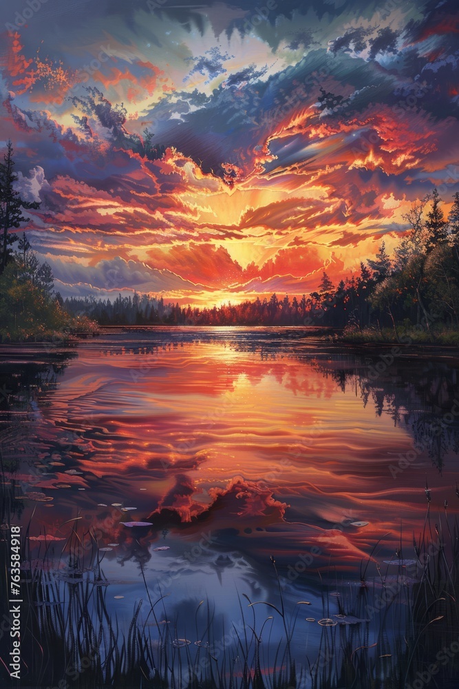A painting capturing the vibrant colors of a sunset over a tranquil lake, with the sky ablaze in shades of orange, red, and yellow reflecting on the waters surface