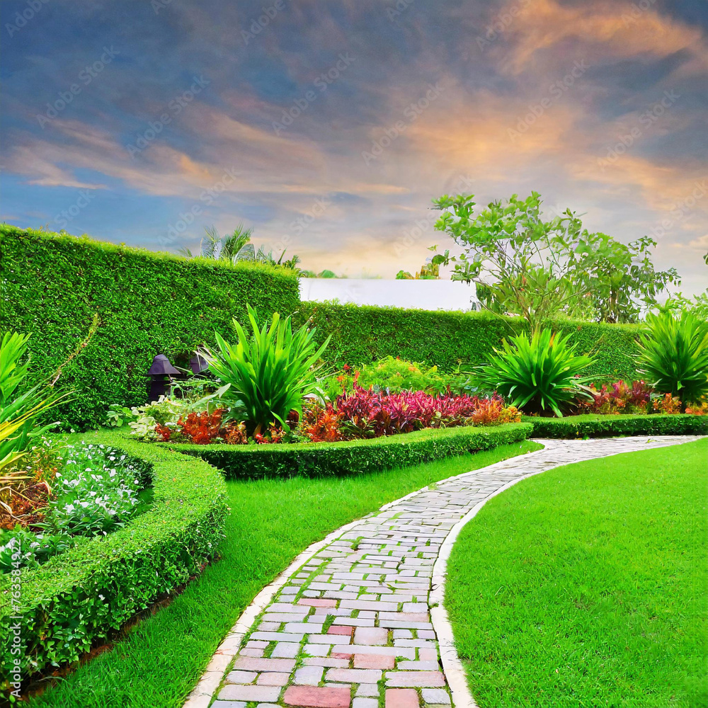 Garden landscape design with pathway intersecting bright green lawns