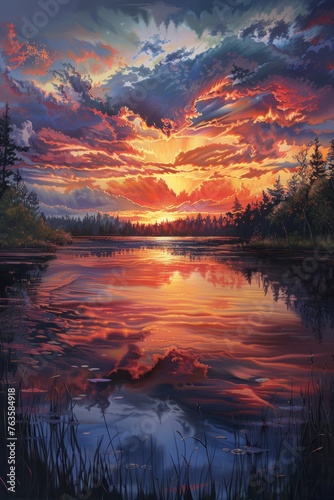 A painting capturing the vibrant colors of a sunset over a tranquil lake, with the sky ablaze in shades of orange, red, and yellow reflecting on the waters surface