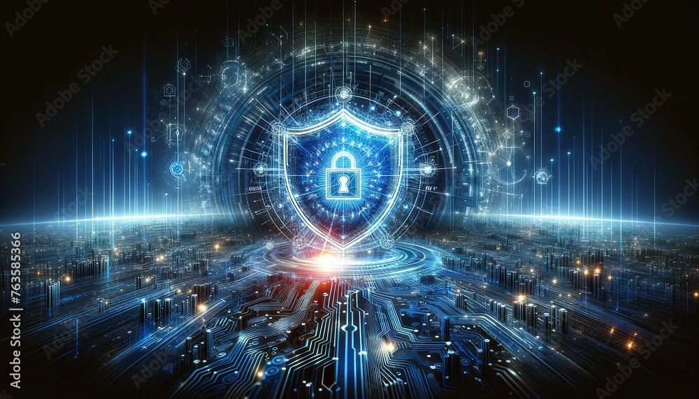 A futuristic landscape showcases a shield representing cyber security, surrounded by digital patterns and encryption symbols, all in shades of blue, emphasizing advanced network protection