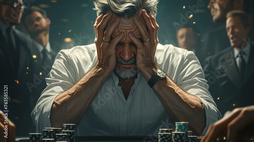 Despair at the poker table: man holding head in defeat photo