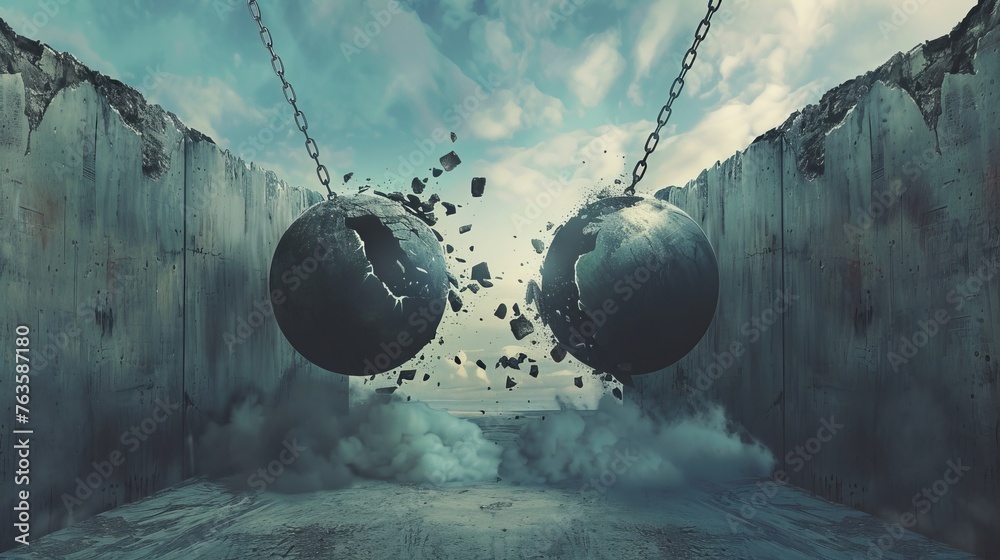 An illustration of two wrecking balls breaking down a wall together ...