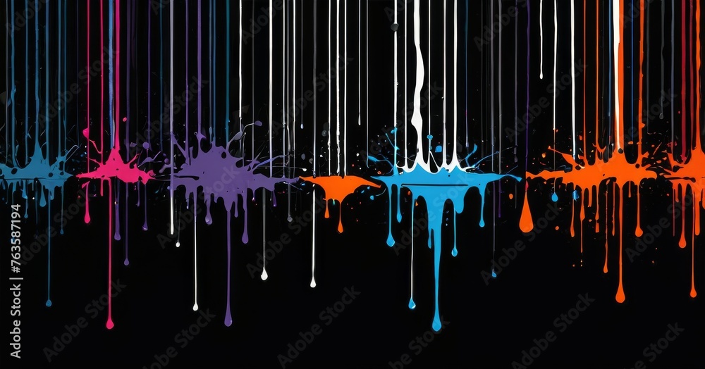 A vibrant abstract display with colorful paint drips against a black backdrop. The artwork pops with vivid hues, creating a playful yet sophisticated feel. AI generation A vibrant abstract display with colorful paint drips against a black backdrop. The artwork pops with vivid hues, creating a playful yet sophisticated feel. AI generation