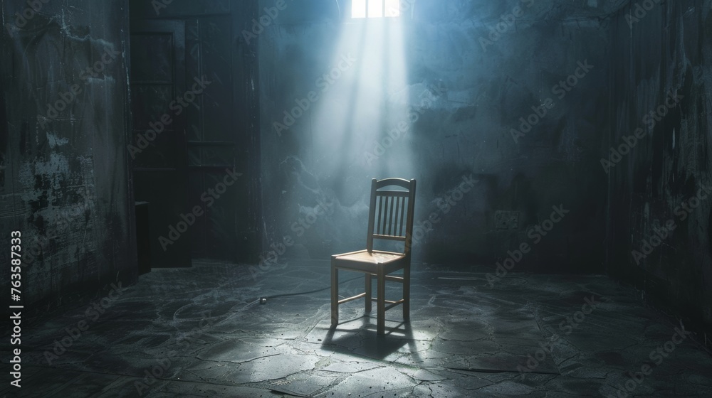 An isolated wooden chair placed in a dark, intimidating prison cell, illuminated by an interrogation spotlight, evoking feelings of fear and anticipation of questioning  - obrazy, fototapety, plakaty 