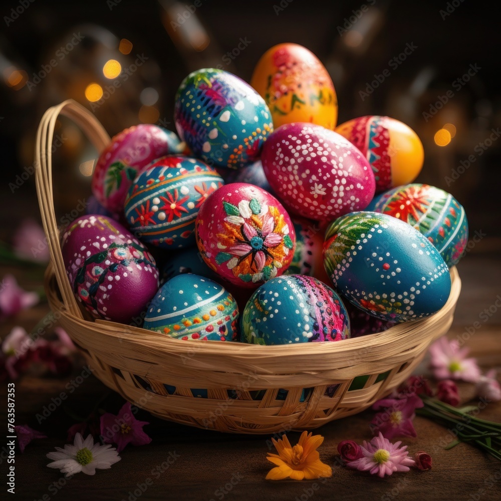 Fototapeta premium Decorated easter eggs in a basket with colorful happy colors