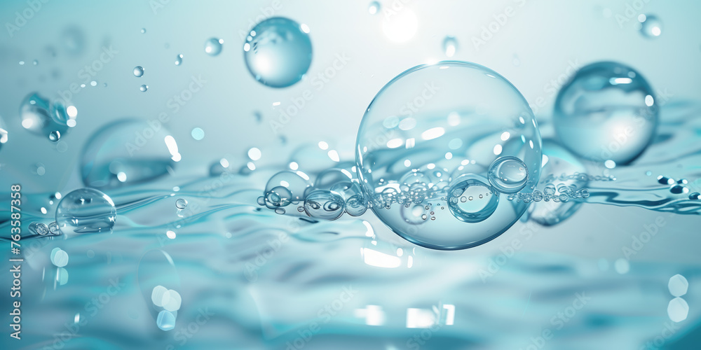Transparent bubbles float and ripple across the serene surface of water