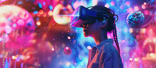 illustration of young woman with vr glasses in neon colored cyberspace world