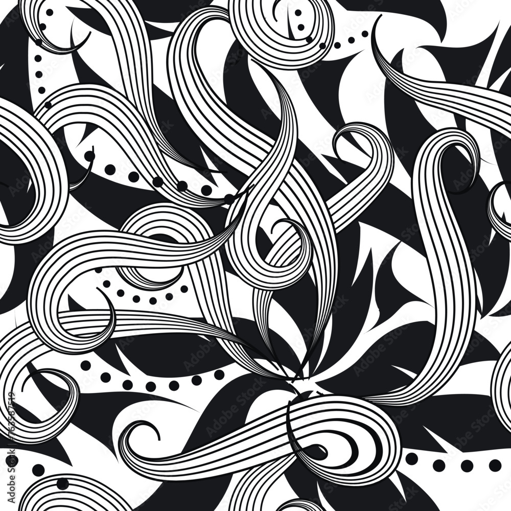 Beautiful black and white hand drawn line art flowers, swirls, curves ...