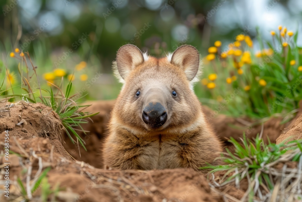 Adorable Quokka Smiling in Natural Habitat Surrounded by Wildflowers and Greenery