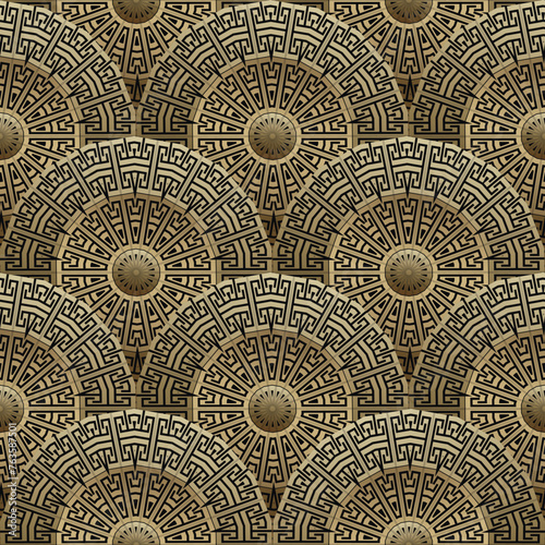 Gold beautiful round tiled 3d mandalas seamless pattern. Ornamental vector background. Modern circle radial golden mandalas with greek key meanders. Luxury Deco ornaments. Surface endless texture
