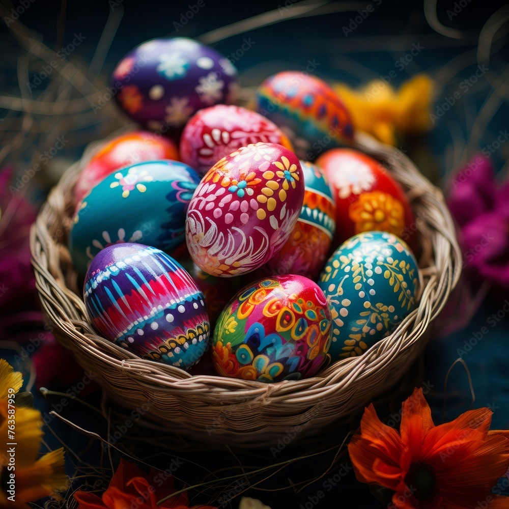 Fototapeta premium Decorated easter eggs in a basket with colorful happy colors