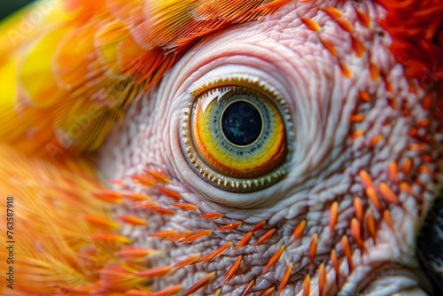 Close-Up Macro Photograph of a Colorful Parrot's Eye and Feathers Showing Intricate Detail