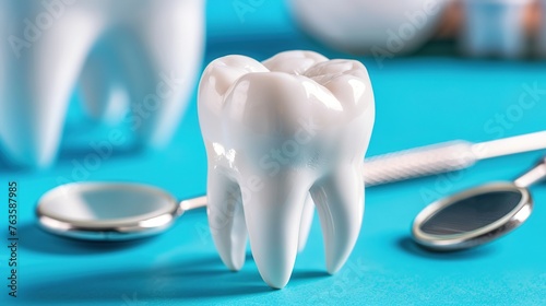 Dental model and dental equipment on blue background  concept image of dental background