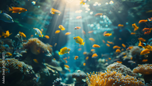 A vibrant underwater scene with tropical fishes and coral reef, perfect for marine life enthusiasts and nature lovers. © NE97