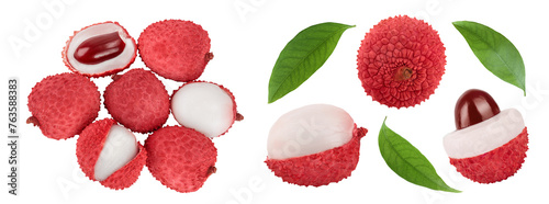 lychee fruit isolated on white background with full depth of field. Top view. Flat lay