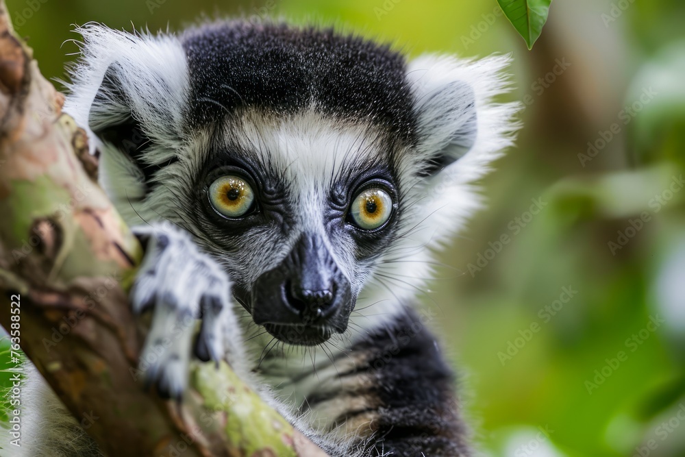 Fototapeta premium Close-Up Portrait of a Young Ring-Tailed Lemur (Lemur catta) Clinging to a Tree in a Lush Green Forest Environment with Vivid Yellow Eyes