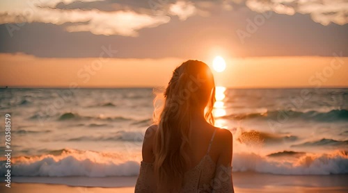 woman on the beach at sunset photo