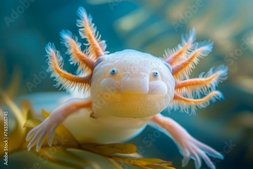 Underwater Macro Photography of a Smiling Axolotl in Natural Habitat with Sunlight Beam