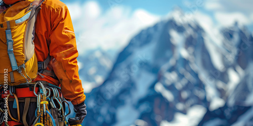 A close-up of a climber in a bright orange jacket, equipped with gear and carabiners, with the majestic, snow-capped mountains in the background.