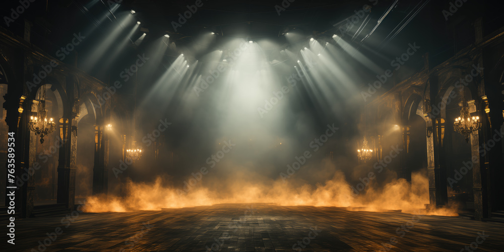 An atmospheric and grandiose stage enveloped in mist, with dramatic beams of light