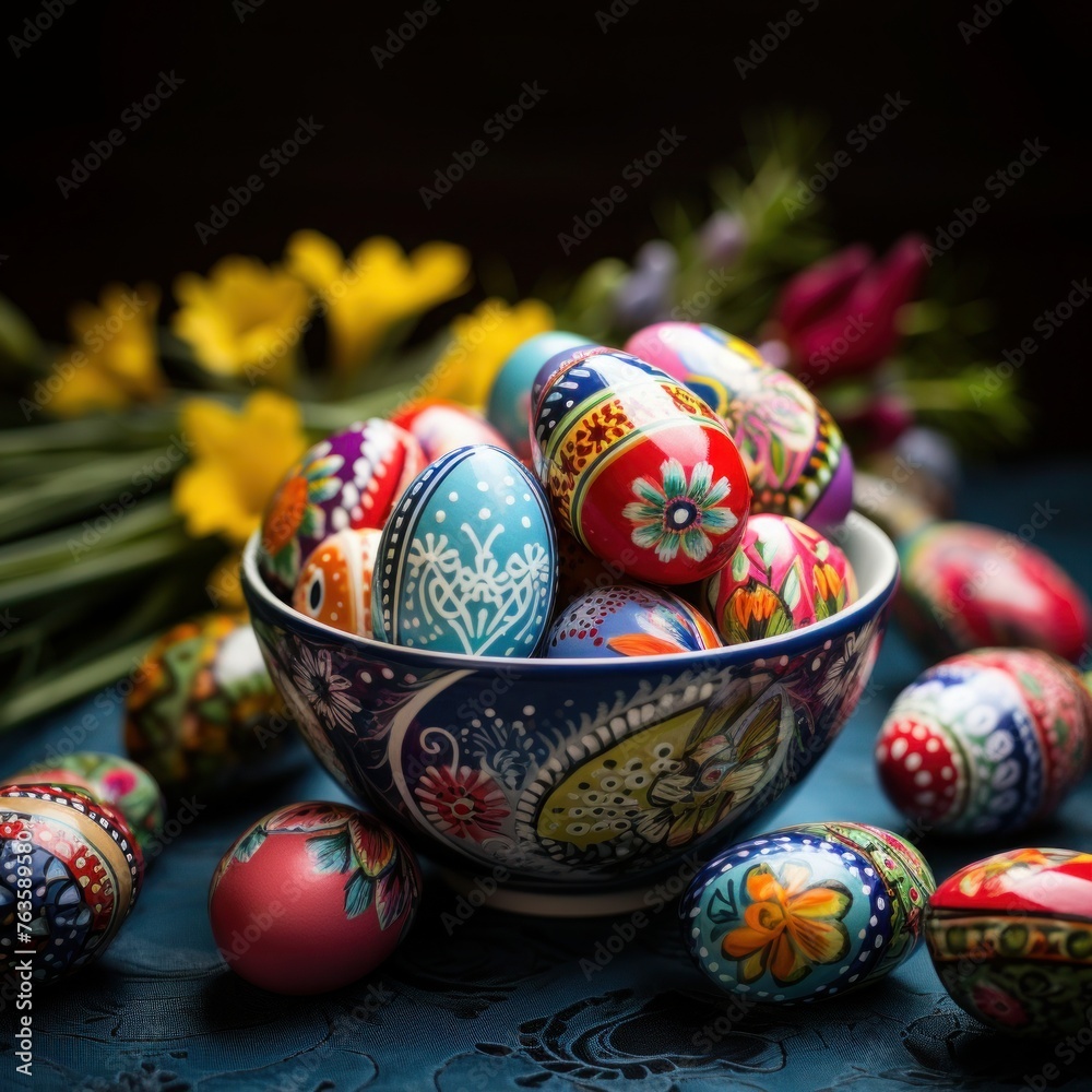 Fototapeta premium Decorated easter eggs in a basket with colorful happy colors