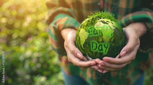 A man holding a globe, planet earth in his hands with the inscription earth day on the background of nature
