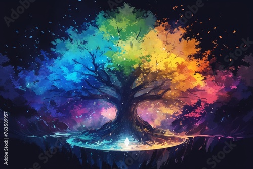 Yggdrasil, tree of life, rainbow colors, black background