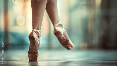 Close up beautiful legs of dancer in pointe on the floor blur background. AI generated image