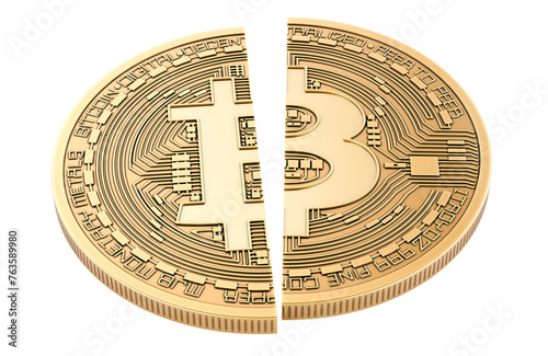 Bitcoin halving, concept. Bitcoin coin cut in half, 3D rendering isolated on transparent background