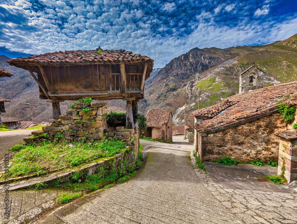Church and horreo, Pigüeña village, Somiedo Natural Park and Biosphere Reserve, Asturias, Spain