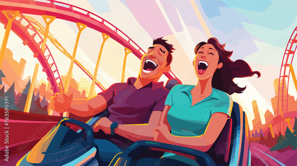 Couple on rollercoaster flat vector illustration 