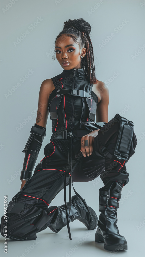Naklejka premium Beautiful Young Mixed Race Black Model Woman Studio Setting Wearing Futuristic Clothes