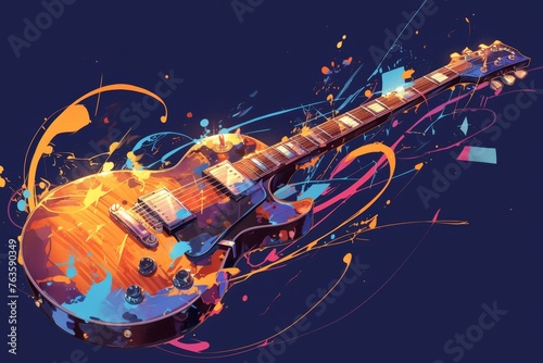 Black background, electric guitar, colorful paint explosion, music art elements