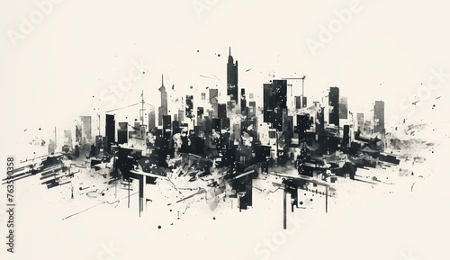 Black ink on gray paper, drawing of a city skyline in a minimalistic, very simple design