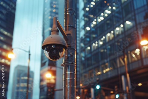 a modern, high-tech surveillance camera mounted on a sleek metal pole in an urban setting.