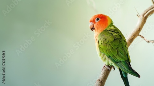 Beautiful green lovebird parrot isolated copy space on light green background. AI generated image